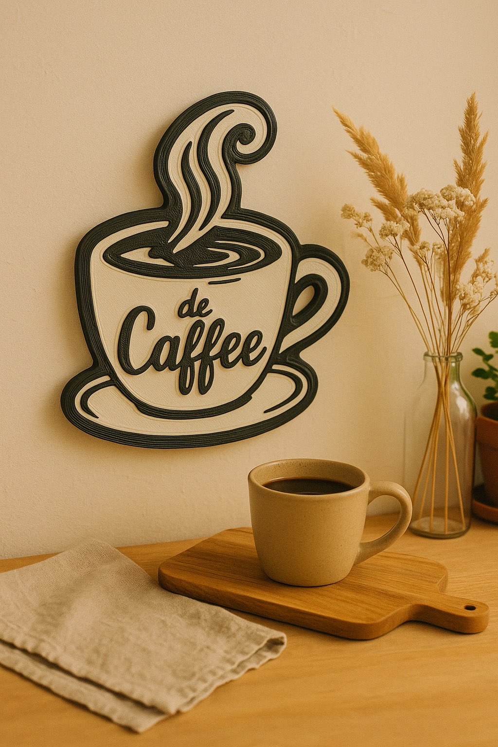 Déco murale tasse de café – Art mural noir et blanc en impression 3D – Ambiance cosy pour cuisine ou salon