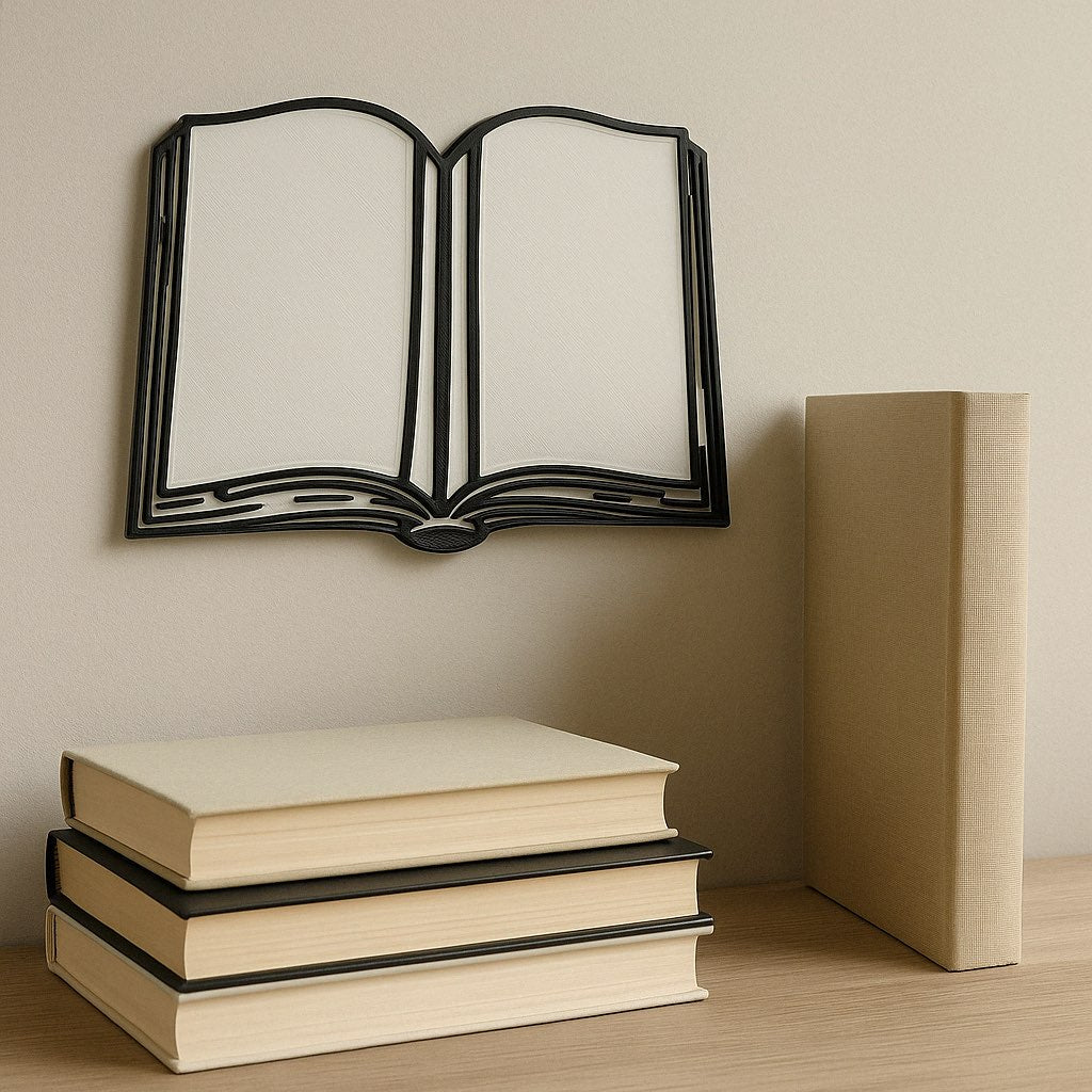 Déco murale livre ouvert – Art mural noir et blanc en impression 3D – Cadeau lecteur, déco bibliothèque ou bureau